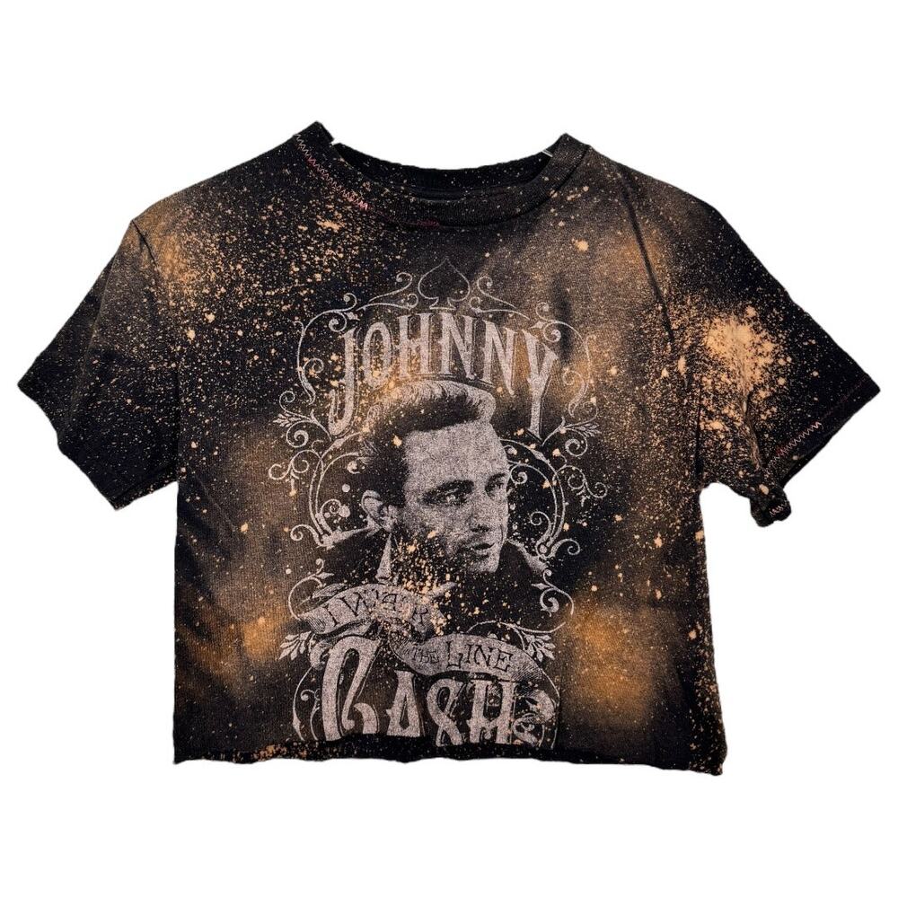 Reworked Johnny Cash Band Cropped Graphic Tee Small Oversized Bleached Boho Edgy